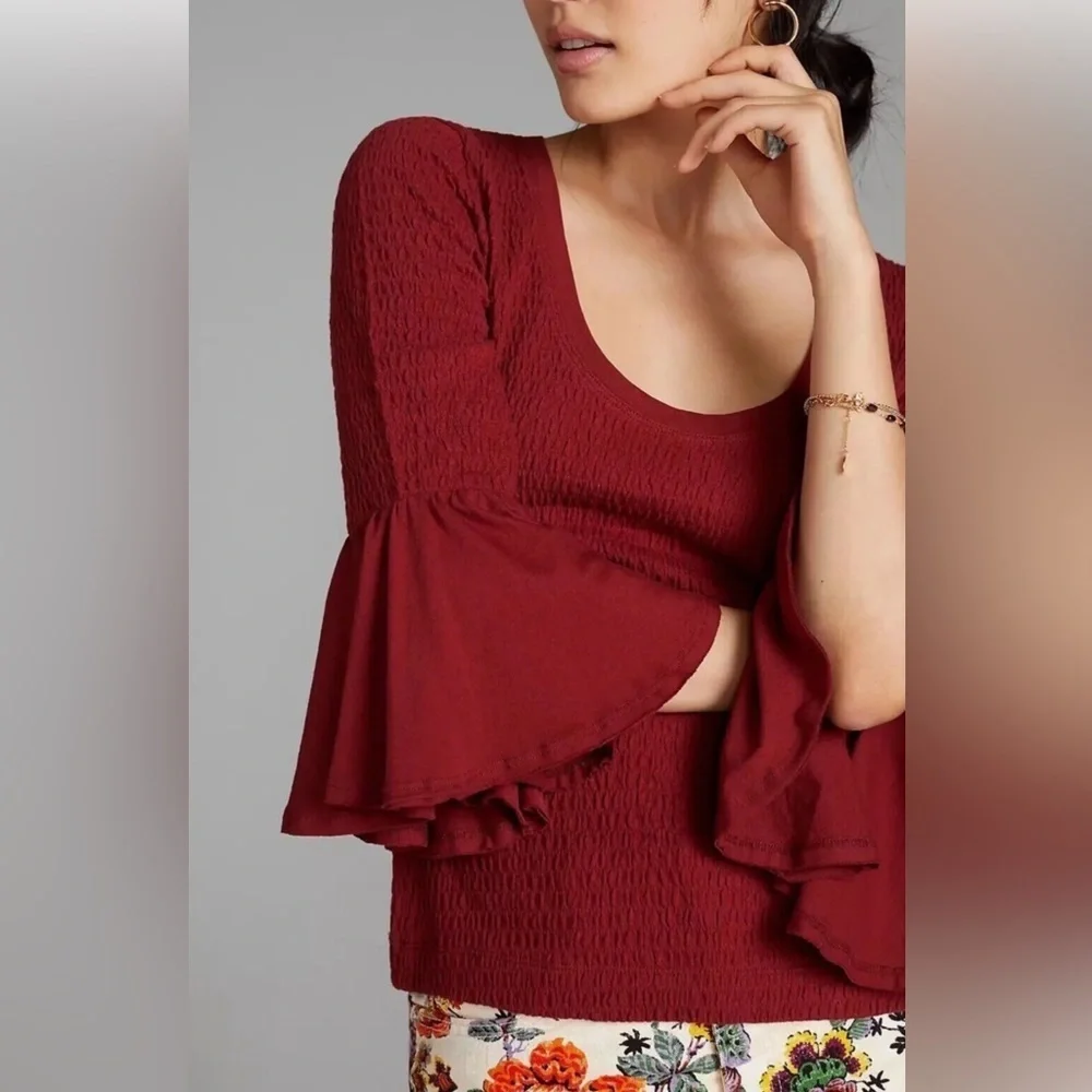 Anthropologie Smocked Bell-Sleeve Top Size Medium - Picture 2 of 10